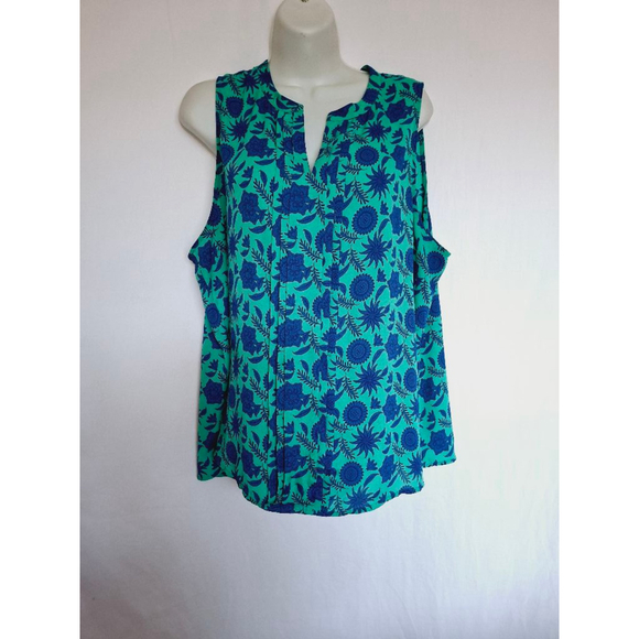 Hawthorn Green Blue Floral XXL sleeveless pintuck blouse - Picture 2 of 5